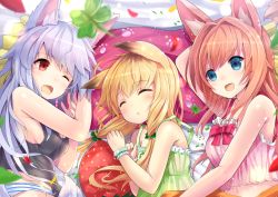 Rule 34 | 3girls, :d, animal ears, arm behind head, bare shoulders, bed sheet, blonde hair, blue eyes, blurry, blush, bow, breasts, camisole, closed eyes, clover, crop top, depth of field, fang, four-leaf clover, fox ears, fox tail, hair ornament, long hair, low twintails, lying, medium breasts, midriff, multiple girls, navel, on side, one eye closed, open mouth, original, panties, paw print, pillow, red eyes, red hair, sideboob, silver hair, sleeping, small breasts, smile, striped clothes, striped panties, tail, tank top, twintails, u rin, underwear, upper body, wristband, yawning