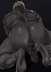 Rule 34 | 1boy, anal hair, ass, ass focus, warrior of light (ff14), bara, character request, check character, colored skin, completely nude, erection, feet, final fantasy, final fantasy xiv, full body, hairy, highres, male focus, muscular, nude, penis, pubic hair, roegadyn, shiny skin, short hair, simple background, solo, sweat, testicles, thick thighs, thighs, uncensored, wasp (anthyutena)