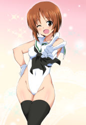 Rule 34 | 10s, 1girl, ;d, adapted costume, breasts, brown eyes, brown hair, covered erect nipples, girls und panzer, gloves, hand on own hip, highleg, highleg leotard, leotard, medium breasts, nishizumi miho, one eye closed, ooarai school uniform, open mouth, ouhashi, sailor collar, school uniform, short hair, smile, solo, thighhighs, v
