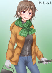 Rule 34 | 1girl, alternate costume, anti (untea9), belt, blue pants, blush, brown belt, brown hair, gloves, gradient background, hiei (kancolle), highres, holding, jacket, kantai collection, long sleeves, open clothes, open jacket, open mouth, orange jacket, pants, purple eyes, short hair, smile, solo, twitter username, white gloves