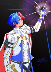 Rule 34 | 1boy, alear (fire emblem), alear (male) (fire emblem), ascot, blue gloves, blue hair, cape, fire emblem, fire emblem engage, gloves, hair between eyes, highres, lamb (contra entry), long sleeves, looking to the side, male focus, multicolored hair, nintendo, red cape, red eyes, red hair, short hair, simple background, split-color hair, two-tone hair, white cape