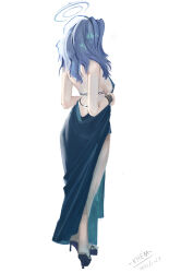 Rule 34 | 1girl, ako (blue archive), ako (dress) (blue archive), artist request, bare shoulders, blue archive, blue dress, blue hair, blue halo, breasts, dated, dress, english text, female focus, from behind, full body, halo, heels, high heels, highres, large breasts, medium hair, simple background, solo, solo focus, source request, standing, white background