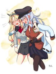 Rule 34 | 2girls, arm around shoulder, ascot, black gloves, black headwear, black pantyhose, black skirt, bottle, breasts, commentary request, cropped legs, dress shirt, drunk, feet out of frame, flower, gangut (kancolle), gangut dva (kancolle), gloves, grey hair, grey shirt, hat, headgear, highres, jacket, jacket on shoulders, kantai collection, large breasts, long hair, military jacket, military uniform, multiple girls, nelson (kancolle), pantyhose, peaked cap, pencil skirt, pleated skirt, pp, red ascot, red flower, red shirt, shirt, side-by-side, skirt, smoking pipe, squeans, uniform, white jacket