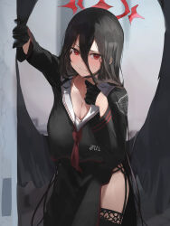 Rule 34 | 1girl, absurdres, black gloves, black hair, black wings, blue archive, blush, breasts, cleavage, closed mouth, cowboy shot, feathered wings, gloves, halo, hasumi (blue archive), highres, large breasts, long hair, looking at viewer, nagiushi, red eyes, red halo, solo, very long hair, wings