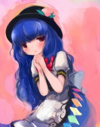 Rule 34 | 1girl, bad id, bad pixiv id, blue hair, bow, dress, food, fruit, gradient background, hands on own chest, hat, hinanawi tenshi, layered dress, leaf, long hair, looking at viewer, maccha cocoa, maccha cocoa (mococo), own hands together, parted lips, peach, pink background, red eyes, short sleeves, simple background, solo, touhou