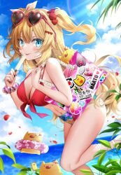Rule 34 | 1girl, :p, absurdres, akai haato, bag, bikini, blonde hair, blue eyes, blue sky, blush, breasts, cleavage, cloud, day, earrings, eyewear on head, falling petals, food, haaton (akai haato), hair ornament, heart, heart-shaped eyewear, heart hair ornament, highres, holding, holding bag, hololive, hoop earrings, jewelry, large breasts, looking at viewer, makinan, outdoors, petals, popsicle, popsicle stick, red bikini, red nails, scrunchie, sky, solo, sticker, sunglasses, sunlight, swimsuit, thighs, tongue, tongue out, two side up, virtual youtuber, wrist scrunchie