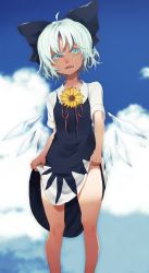 Rule 34 | 1girl, absurdres, bad id, bad pixiv id, blue eyes, blue hair, blue sky, blush, cirno, clothes lift, cloud, colored eyelashes, day, dress, dress lift, fangs, flower, hair ribbon, hidden star in four seasons, highres, ice, ice wings, looking at viewer, migihidari (puwako), ribbon, short sleeves, sky, smile, solo, sunflower, sweat, tan, tanline, tanned cirno, touhou, wings