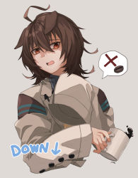 Rule 34 | 1girl, absurdres, agnes tachyon (umamusume), ahoge, animal ears, armband, arrow (symbol), brown hair, buttons, chestnut mouth, coat, coffee beans, commentary, cropped torso, cup, disgust, english text, grey background, hair between eyes, hands up, highres, holding, holding cup, horse ears, horse girl, kogeta kaori, lab coat, long sleeves, looking down, open mouth, red eyes, shaded face, short hair, signature, simple background, sleeves past fingers, sleeves past wrists, solo, spilling, umamusume, white coat, x