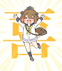 Rule 34 | 10s, 1girl, arms up, bad id, bad twitter id, blush, brown hair, commentary request, dress, closed eyes, headgear, kantai collection, leg up, neckerchief, onigiri noka, open mouth, panties, sailor dress, short hair, solo, underwear, white panties, yellow neckerchief, yukikaze (kancolle)