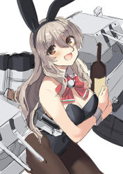 Rule 34 | 1girl, akagi kurage, alternate costume, animal ears, black leotard, black pantyhose, blush, bottle, bow, bowtie, breasts, brown eyes, cleavage, detached collar, fake animal ears, grey hair, hair between eyes, highres, holding, holding bottle, kantai collection, large breasts, leotard, long hair, open mouth, pantyhose, playboy bunny, pola (kancolle), rabbit ears, simple background, solo, white background, wrist cuffs