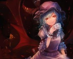 Rule 34 | 1girl, bat wings, blue hair, chobi (sakuyasakuhana), cup, frills, hat, hat ribbon, looking at viewer, md5 mismatch, mob cap, puffy sleeves, red eyes, remilia scarlet, resized, resolution mismatch, ribbon, sash, shirt, short hair, short sleeves, skirt, skirt set, smile, solo, source larger, teacup, touhou, upper body, wings, wrist cuffs