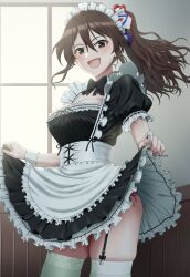 Rule 34 | 1girl, alternate costume, apron, ashigara (kancolle), black bow, black bowtie, black dress, bow, bowtie, breasts, brown eyes, brown hair, clothes lift, dress, enmaided, fang, frilled apron, frilled dress, frills, garter straps, hair between eyes, high ponytail, highres, indoors, kantai collection, large breasts, lifting own clothes, long hair, looking at viewer, maid, maid apron, maid headdress, mikan 29344886, open mouth, puffy short sleeves, puffy sleeves, short sleeves, skindentation, skirt, skirt lift, smile, solo, thighhighs, waist apron, white apron, white thighhighs, window, wrist cuffs