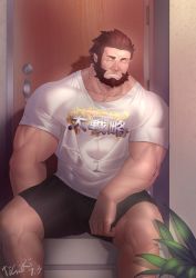 Rule 34 | 1boy, bara, beard, black shorts, bulge, casual, covered abs, covered navel, door, facial hair, fate/zero, fate (series), feet out of frame, highres, iskandar (fate), male focus, mature male, muscular, muscular male, official alternate costume, pectorals, print shirt, red hair, shirt, short hair, shorts, sleeping, sleeping upright, solo, t-shirt, thighs, tigari, white shirt