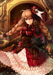 Rule 34 | 1girl, ahoge, aiming, aiming at viewer, amulet, argyle, belt, black thighhighs, blonde hair, boots, bow, bowtie, braid, breasts, briefcase, buckle, corset, cowboy shot, curry bowl, dress, embers, feathers, finger on trigger, frilled dress, frilled sleeves, frills, gears, gloves, gun, handgun, hat, highres, key, long hair, long sleeves, looking at viewer, medium breasts, mini hat, mini top hat, original, pink eyes, pistol, pouch, red dress, red hat, serious, solo, steampunk, tabard, thigh boots, thighhighs, top hat, twin braids, very long hair, weapon, wide sleeves