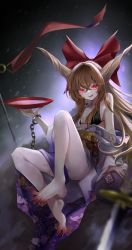 Rule 34 | 1girl, absurdres, alcohol, backlighting, bare legs, bare shoulders, barefoot, bow, chain, cuffs, cup, feet, fingernails, glowing, glowing eyes, gourd, hair bow, highres, holding, holding cup, horn ornament, horn ribbon, horns, ibuki suika, long hair, looking at viewer, nail polish, night, open mouth, red bow, red eyes, ribbon, sakazuki, shackles, sharp fingernails, sharp toenails, shirt, sitting, skirt, sleeveless, sleeveless shirt, solo, tadano1129, toenail polish, toenails, toes, touhou, very long hair