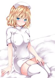 Rule 34 | 1girl, alice margatroid, alternate costume, bad id, bad pixiv id, bed sheet, blonde hair, blue eyes, blush, breasts, closed mouth, dress, garter straps, hair between eyes, hat, highres, looking at viewer, medium breasts, nanase nao, nurse, nurse cap, short sleeves, simple background, solo, thighhighs, touhou, white background, white dress, white hat, white thighhighs
