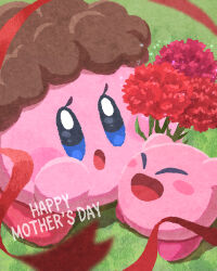 Rule 34 | bouquet, brown hair, closed eyes, flower, happy mother&#039;s day, highres, holding, holding bouquet, kirby, kirby (series), miclot, mother&#039;s day, nintendo, no humans, open mouth, red ribbon, ribbon