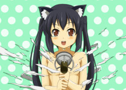 Rule 34 | 1girl, @ @, animal ears, black hair, blush, brown eyes, cat ears, censored, convenient censoring, dog days, eclair martinozzi, exploding clothes, hiro 23 kura, k-on!, lavoy (kurakuro), microphone, nakano azusa, parody, polka dot, polka dot background, ringed eyes, voice actor connection, solo, surprised, taketatsu ayana, tears, topless, torn clothes, twintails