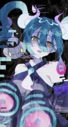 Rule 34 | 1girl, absurdres, aqua hair, bare shoulders, chandelure, commentary, creatures (company), detached sleeves, fujisaki kana, game freak, gen 5 pokemon, ghost, ghost miku (project voltage), glitch, hair between eyes, hatsune miku, highres, long hair, looking at viewer, necktie, nintendo, open mouth, pale skin, pokemon, pokemon (creature), project voltage, sleeves past fingers, sleeves past wrists, twintails, very long hair, vocaloid, will-o&#039;-the-wisp (mythology), yellow eyes