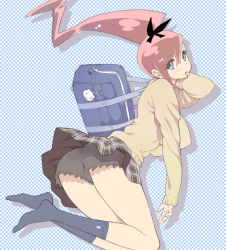 Rule 34 | 1girl, :p, annoyed, ass, blue eyes, breasts, female focus, large breasts, long hair, looking back, moccy48, original, ponytail, red hair, school uniform, shadow, shorts, skirt, socks, solo, sweater, tongue, tongue out