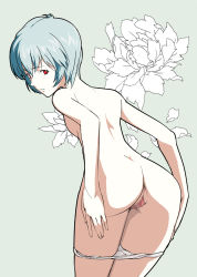 Rule 34 | 1girl, anus, ass, ayanami rei, bent over, blue hair, blush, breasts, censored, female focus, from behind, gainax, highres, leaning forward, legs together, looking at viewer, looking back, neon genesis evangelion, nikudango koubou, nude, panties, panty pull, petite, pussy, red eyes, short hair, small breasts, solo, standing, underwear, white panties