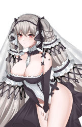 Rule 34 | 1girl, absurdres, azur lane, bare shoulders, between breasts, black dress, black ribbon, breasts, chinese commentary, cleavage, clothing cutout, detached collar, dress, formidable (azur lane), frilled dress, frills, grey hair, hair ribbon, highres, large breasts, leaning forward, long hair, red eyes, ribbon, shoulder cutout, simple background, solo, standing, twintails, two-tone ribbon, v arms, veil, very long hair, white background, white ribbon, yuyu-lyf