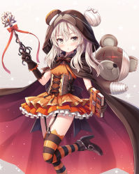 Rule 34 | 10s, 1girl, akashio (loli ace), animal hood, black gloves, boko (girls und panzer), book, brown eyes, brown hair, cloak, commentary request, corset, dress, garter straps, girls und panzer, gloves, halloween, halloween costume, highres, holding, holding book, holding wand, hood, hood up, hooded cloak, orange dress, shimada arisu, solo, standing, standing on one leg, striped clothes, striped thighhighs, stuffed animal, stuffed toy, teddy bear, thighhighs, wand