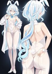 Rule 34 | 1girl, absurdres, ahoge, animal ears, ass, ass focus, back, blue eyes, blue hair, blush, commentary, covered navel, detached collar, facing away, from behind, furina (genshin impact), furrowed brow, genshin impact, hair between eyes, heterochromia, highres, huge ass, jacket, leotard, light blue hair, long hair, long sleeves, looking at viewer, multicolored hair, multiple views, nontraditional playboy bunny, playboy bunny, rabbit ears, sidelocks, solo, standing, strapless, strapless leotard, streaked hair, tail, two-tone hair, vitaminechan, white hair
