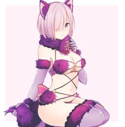 Rule 34 | 1girl, animal ears, blush, breasts, closed mouth, elbow gloves, fate/grand order, fate (series), fox ears, fox tail, fur-trimmed gloves, fur-trimmed legwear, fur collar, fur trim, gloves, hair over one eye, holding tail, kamata (pixiv3626465), light purple hair, looking at viewer, mash kyrielight, mash kyrielight (dangerous beast), medium breasts, navel, official alternate costume, pink background, purple eyes, purple hair, purple thighhighs, revealing clothes, short hair, simple background, sitting, solo, tail, thighhighs, thighs, wolf ears, wolf tail, yokozuwari