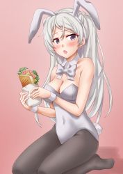 Rule 34 | 1girl, animal ears, anti (untea9), black pantyhose, blush, breasts, brown eyes, cleavage, conte di cavour (kancolle), detached collar, fake animal ears, fake tail, food, grey hair, highres, holding, holding food, kantai collection, large breasts, leotard, long hair, open mouth, pantyhose, playboy bunny, rabbit ears, rabbit tail, sandwich, solo, strapless, strapless leotard, tail, white leotard, wrist cuffs