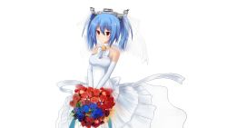 Rule 34 | 1girl, absurdres, bare shoulders, blue hair, bouquet, choker, collarbone, dress, elbow gloves, flower, frills, gathers, gloves, hair between eyes, headgear, highres, holding, holding bouquet, light smile, looking at viewer, mozhe inkian, prinz eugen (warship girls r), red eyes, sash, short twintails, solo, strapless, strapless dress, transparent background, twintails, two-handed, warship girls r, wedding dress, white background, white choker, white dress, white gloves, white sash