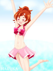 Rule 34 | 1girl, adapted costume, armpits, arms up, barefoot, bikini, blush, brown hair, eyebrows, closed eyes, feet, go! princess precure, hair ornament, hairclip, haruno haruka, highres, jumping, open mouth, precure, short hair, smile, solo, swimsuit, thick eyebrows