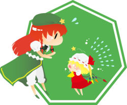 Rule 34 | 2girls, blonde hair, bloomers, bow, braid, chibi, china dress, chinese clothes, dress, embodiment of scarlet devil, female focus, flandre scarlet, flat color, hair ribbon, hat, hat ribbon, heptagon, hong meiling, lowres, mob cap, multiple girls, no kizoku, red hair, ribbon, side ponytail, tears, touhou, twin braids, underwear, white background, white bloomers, wings