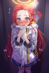 Rule 34 | 1girl, absurdres, blondy (ldlong), blue archive, blush, bow, embarrassed, flying sweatdrops, hair bow, heavy breathing, highres, hood, hood down, hooded jacket, in locker, jacket, long hair, nintendo switch, own hands together, purple eyes, red hair, solo, sweatdrop, very long hair, yuzu (blue archive)