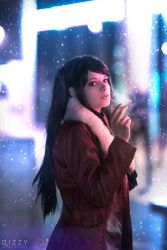 Rule 34 | 1girl, black hair, blurry, brown eyes, cigarette, coat, cosplay, cosplay photo, deerpressed, depth of field, from side, fur trim, highres, jill stingray, light particles, long hair, looking at viewer, photo (medium), sidelocks, smoke, smoking, solo, twintails, va-11 hall-a