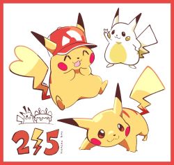 Rule 34 | !, :3, :d, artsy-rc, baseball cap, birthday, birthday cake, border, cake, candle, clothed pokemon, commentary, creatures (company), dated, ears through headwear, english commentary, english text, food, game freak, gen 1 pokemon, hand on own hip, hat, nintendo, no humans, open mouth, pikachu, pikachu day, pokemon, pokemon (creature), red border, red headwear, simple background, smile, standing, v, white background