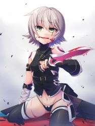 Rule 34 | 1girl, :d, arm belt, bandaged arm, bandages, bare shoulders, belt, belt buckle, black belt, black gloves, black panties, black shirt, black thighhighs, blood, blood on face, bloody weapon, buckle, collarbone, commentary request, dagger, dripping, facial scar, fate/apocrypha, fate (series), fingerless gloves, flipped hair, gloves, green eyes, groin, hair between eyes, halterneck, head tilt, highres, hinata (uzukitten), holding, holding dagger, holding knife, holding weapon, jack the ripper (fate/apocrypha), knife, looking at viewer, navel, open mouth, panties, reverse grip, scabbard, scar, scar across eye, scar on cheek, scar on face, sheath, sheathed, shirt, short hair, silver hair, single glove, sitting, sleeveless, sleeveless shirt, smile, solo, thighhighs, turtleneck, underwear, unsheathed, weapon