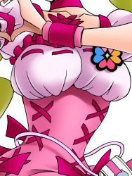 Rule 34 | 00s, 1girl, breasts, choker, close-up, commentary request, corset, cure peach, eunos, fresh precure!, frills, heart, heart hands, momozono love, precure, puffy short sleeves, puffy sleeves, short sleeves, solo, wristband