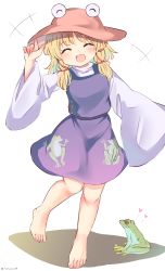 Rule 34 | 1girl, ^ ^, animal print, barefoot, blonde hair, blush, closed eyes, commentary request, cross-laced clothes, frog, frog print, hair ribbon, hand on headwear, heart, highres, long sleeves, medium hair, moriya suwako, open mouth, parted bangs, purple skirt, purple vest, ramudia (lamyun), red ribbon, ribbon, shirt, sidelocks, skirt, skirt set, smile, solo, touhou, turtleneck, twitter username, vest, white background, white shirt, wide sleeves