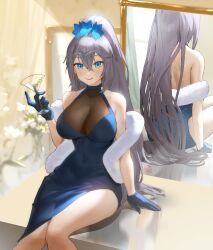 Rule 34 | 1girl, absurdres, alternate costume, azur lane, bare shoulders, blue dress, blue eyes, breasts, cleavage, cocktail glass, commission, commissioner upload, cup, dress, drinking glass, flower, gloves, grey hair, hair between eyes, hair flower, hair ornament, highres, holding, holding cup, hymin, intrepid (azur lane), large breasts, long hair, looking at viewer, mirror, mole, mole on breast, parted lips, ponytail, reflection, second-party source, see-through, sidelocks, sitting, smile, thighs, tiara