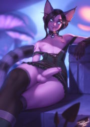 Rule 34 | 1futa, animal ears, black hair, blue eyes, blue sclera, blurry, blurry background, blurry foreground, bracer, brown choker, brown skirt, brown thighhighs, cat ears, cat tail, choker, closed mouth, colored sclera, colored skin, crossed legs, depth of field, earrings, erection, extra ears, flat chest, futanari, green vest, head tilt, highres, jewelry, laurie (personal ami), leaning back, long eyebrows, long pointy ears, looking at viewer, miniskirt, nipples, notched ear, off shoulder, original, penis, personal ami, pink skin, pointy ears, seductive smile, short hair, sidelocks, signature, sitting, skirt, smile, smug, solo, tail, testicles, thighhighs, topless, uncensored, vest