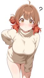 1girl ? absurdres ahoge blush breasts brown_hair gakuen_idolmaster hair_intakes hanami_ume highres idolmaster large_breasts leaning_forward long_sleeves looking_at_viewer no_pants shiguren_39 simple_background solo sweater thighs white_background white_sweater