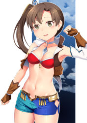 Rule 34 | 1girl, ayanami (kancolle), blue shorts, breasts, brown eyes, brown gloves, brown hair, brown vest, calamity jane (fate), calamity jane (fate) (cosplay), cosplay, cowboy shot, cropped vest, detached collar, detached sleeves, fate/grand order, fate (series), fingerless gloves, gloves, green shorts, highres, hip vent, kantai collection, long hair, navel, open clothes, open vest, short shorts, shorts, side ponytail, single detached sleeve, small breasts, solo, two-tone shorts, vest, yasume yukito, yellow vest