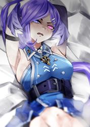 Rule 34 | 1girl, absurdres, armpits, arms behind head, asymmetrical arms, belt, blue eyes, bottomless, breasts, disgust, dragon girl, dragon tail, hair ornament, hairclip, head wings, heterochromia, highres, large breasts, looking at viewer, medium hair, navel, nijisanji, nijisanji en, open mouth, out-of-frame censoring, pointy ears, pupi (rain prophet), purple belt, purple eyes, purple hair, purple wings, selen tatsuki, selen tatsuki (2nd costume), sideboob, solo, steam, sweat, tail, virtual youtuber, wings