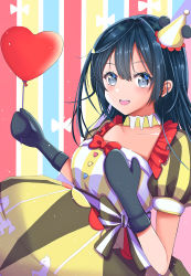 Rule 34 | 1girl, absurdres, balloon, black hair, black mittens, blue background, blush, breasts, collarbone, commentary, dress, grey eyes, hat, heart balloon, highres, infinity! our wings!!, large breasts, long hair, looking at viewer, love live!, love live! nijigasaki high school idol club, meimaru, mittens, multicolored background, one side up, red background, sidelocks, smile, solo, yellow background, yellow dress, yuki setsuna (love live!)