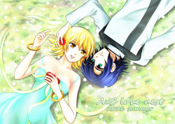 Rule 34 | 1boy, 1girl, 2016, athrun zala, blonde hair, blue dress, blue hair, bracelet, brown eyes, cagalli yula athha, collarbone, couple, dress, eye contact, flower, from above, green eyes, gundam, gundam seed, hair flower, hair ornament, jacket, jewelry, long sleeves, looking at another, lying, off shoulder, on back, ornate ring, parubinko, red flower, ring, short hair, sleeveless, sleeveless dress, wedding ring, white jacket