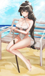 Rule 34 | 1girl, absurdres, azur lane, barefoot, bench, black hair, blue sky, bokken, bow, breasts, brown eyes, casual one-piece swimsuit, chenhuan wu wo, choker, clothing cutout, cloud, criss-cross halter, day, female focus, full body, hair flaps, halterneck, highres, large breasts, light rays, long hair, navel cutout, ocean, official alternate costume, one-piece swimsuit, outdoors, ponytail, ribbon, sitting, sky, solo, sunbeam, sunlight, swimsuit, sword, takao (azur lane), takao (beach rhapsody) (azur lane), weapon, white bow, white choker, white one-piece swimsuit, white ribbon, wooden sword