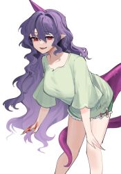 Rule 34 | 1girl, blood, blood on arm, fang, feet out of frame, frilled shorts, frills, full body, green shirt, green shorts, highres, horns, leaning forward, long hair, long tail, looking at viewer, open mouth, papergurami, pointy ears, purple hair, red eyes, shirt, short sleeves, shorts, simple background, single horn, skin fang, smile, solo, standing, t-shirt, tail, tenkajin chiyari, test tube, touhou, wavy hair, white background, wide sleeves