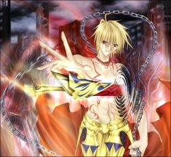 Rule 34 | 00s, 1boy, blonde hair, cape, chain, enkidu (weapon) (fate), fate/stay night, fate (series), fighting stance, gilgamesh (fate), male focus, ready to draw, solo, tattoo, topless male