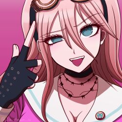 1girl :p artist_name barbed_wire black_choker black_gloves breasts choker cleavage collarbone danganronpa_(series) danganronpa_v3:_killing_harmony fangs gloves goggles goggles_on_headwear green_eyes hair_between_eyes highres iruma_miu large_breasts long_hair pink_shirt sailor_collar shirt solo suiren_yurei teeth tongue tongue_out upper_teeth_only white_sailor_collar